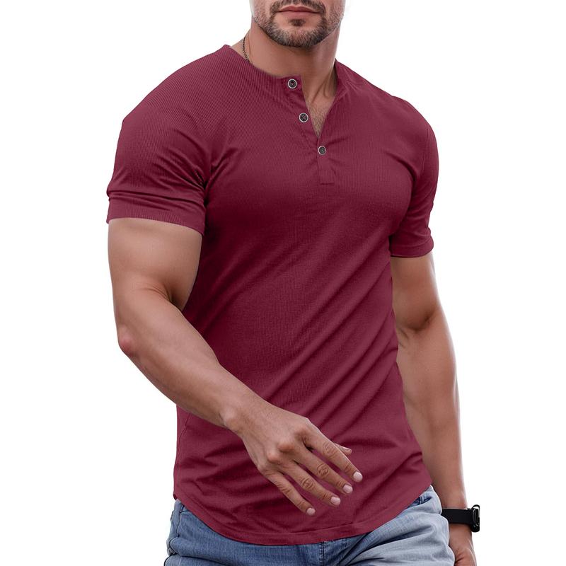 Men's Plain Muscle Slim Fitted Henley Shirts Crewneck Longline T-Shirt Gym Workout Athletic Shirt Tees with Button Menswear Casual Tops,Men's Classic Streetwear Clothing for Daily Wear,Fall Fashion Outfits 2025