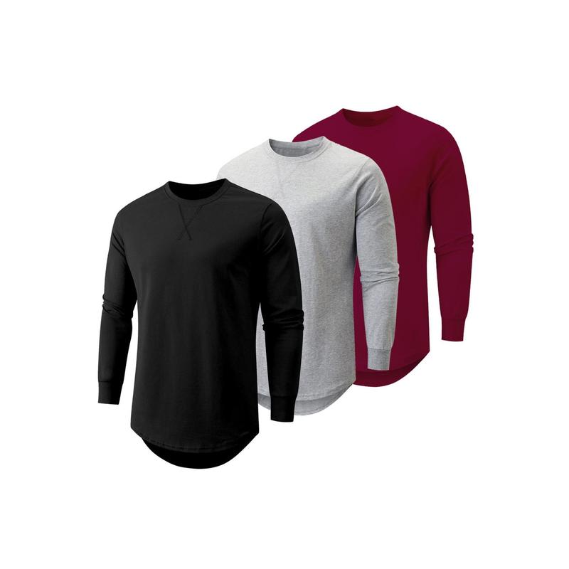 Mens 3 Pack Cotton Hipster Hip Hop Longline Crewneck Sport T-Shirt, Menswear Casual Top for Outdoor Daily Wear