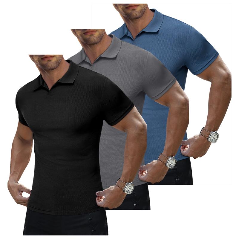 Men's Muscle V Neck Polo Shirts Casual Short Sleeve Slim Fit Ribbed Golf T Shirt Athletic Tee 