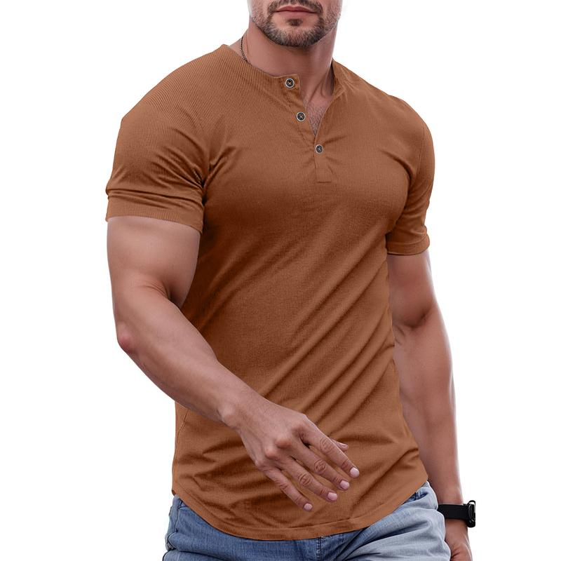 Men's Plain Muscle Slim Fitted Henley Shirts Crewneck Longline T-Shirt Gym Workout Athletic Shirt Tees with Button Menswear Casual Tops,Men's Classic Streetwear Clothing for Daily Wear,Fall Fashion Outfits 2025
