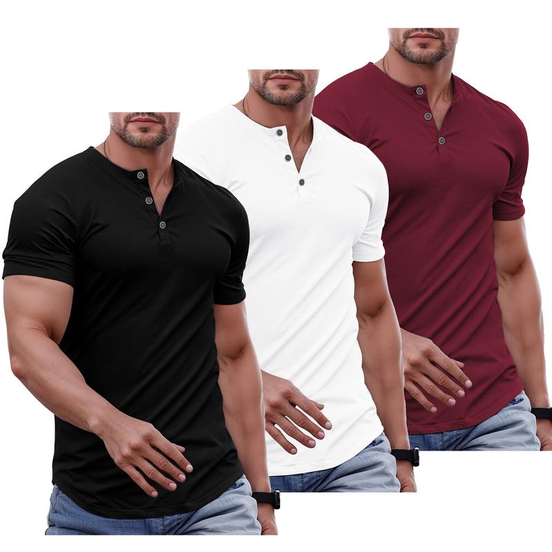 Men's Plain Muscle Slim Fitted Henley Shirts Crewneck Longline T-Shirt Gym Workout Athletic Shirt Tees with Button Menswear Casual Tops,Men's Classic Streetwear Clothing for Daily Wear,Fall Fashion Outfits 2025
