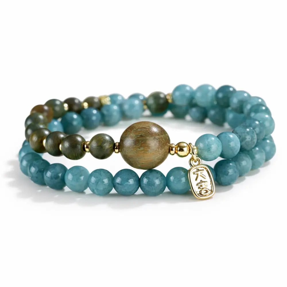 Chinese Style Blue Natural Stone Double Wrap Bracelet – Sandalwood Energy Beads Taoist Protection Gift Set