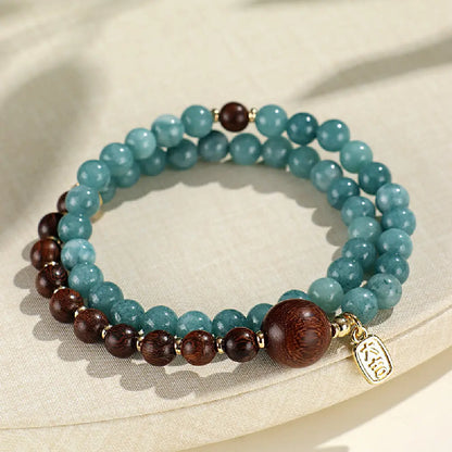 Chinese Style Blue Natural Stone Double Wrap Bracelet – Sandalwood Energy Beads Taoist Protection Gift Set