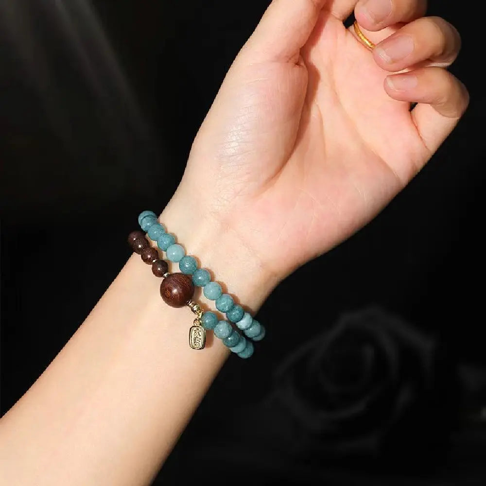 Chinese Style Blue Natural Stone Double Wrap Bracelet – Sandalwood Energy Beads Taoist Protection Gift Set
