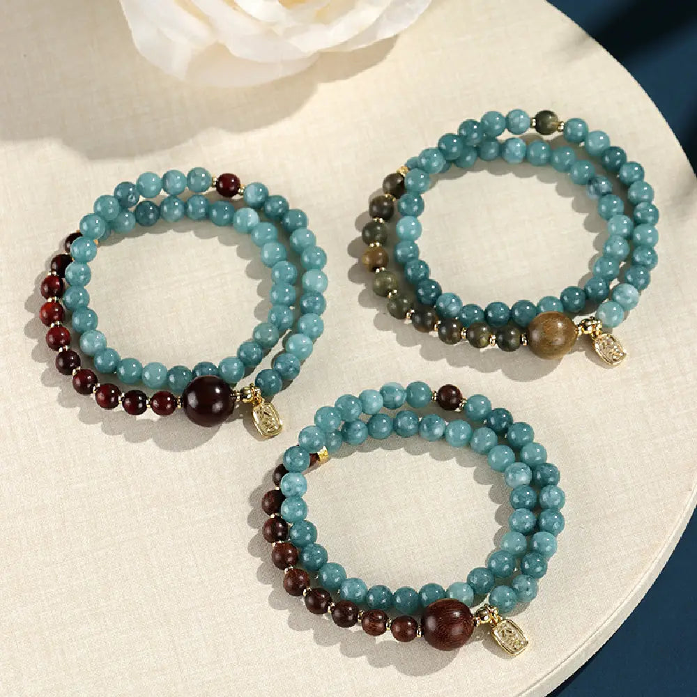 Chinese Style Blue Natural Stone Double Wrap Bracelet – Sandalwood Energy Beads Taoist Protection Gift Set