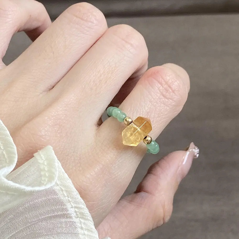 Citrine & Aventurine Crystal Ring – Wealth, Luck & Taoist Energy Protection Minimalist Luxury Gift for Women