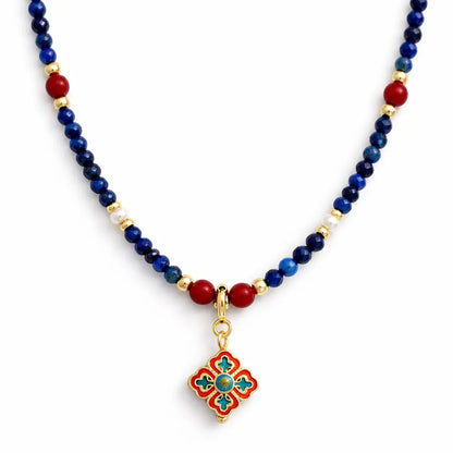Dunhuang Lapis Lazuli Necklace – Handmade Natural Stone Beaded Pendant Taoist Protection Jewelry Gift Set