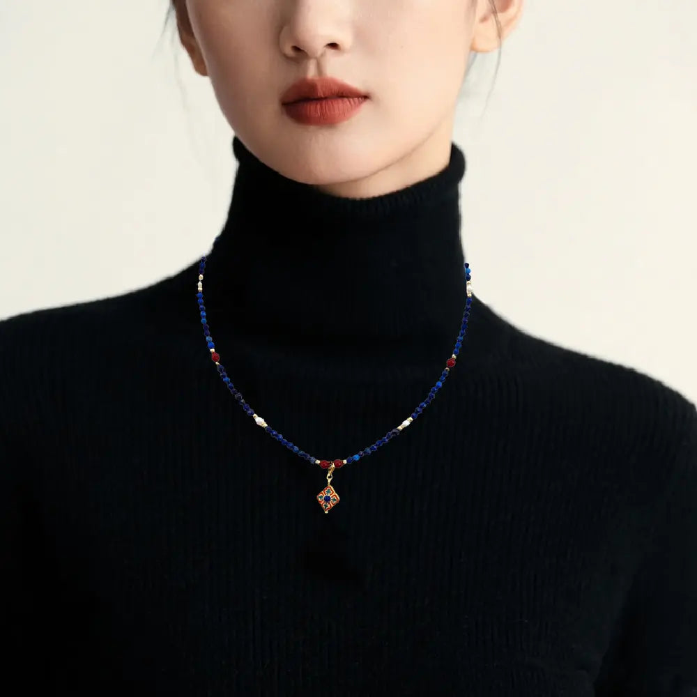 Dunhuang Lapis Lazuli Necklace – Handmade Natural Stone Beaded Pendant Taoist Protection Jewelry Gift Set