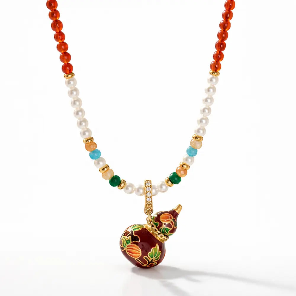 Natural Agate Gourd Necklace – Feng Shui Protection & Luck Pendant Luxury Pearl Long Chain Gift Set