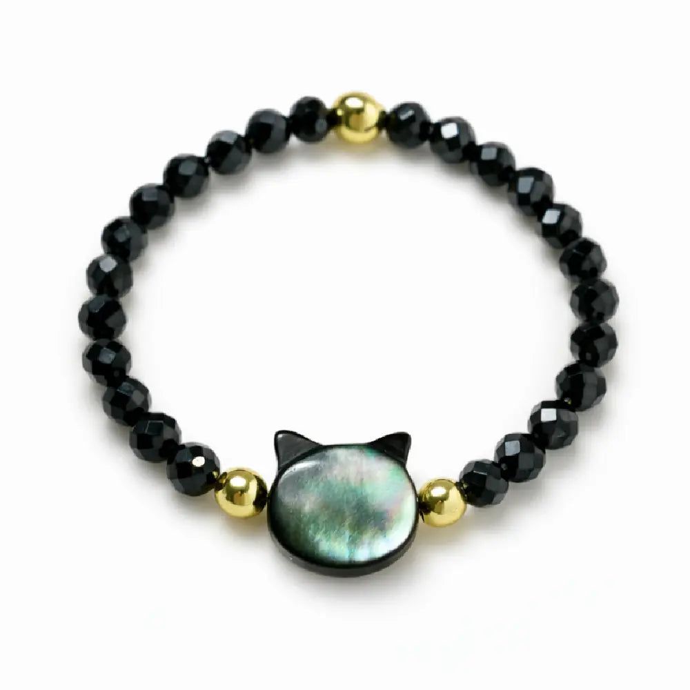Natural Black Mother-of-Pearl Cat Bracelet – Black Spinel Protection Lucky Energy Jewelry