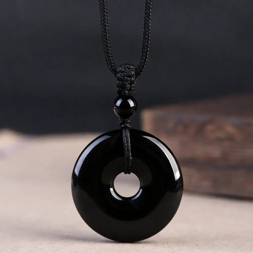 Natural Black Obsidian Pendant Necklace – Taoist Protection Amulet Feng Shui Lucky Jewelry Gift Set