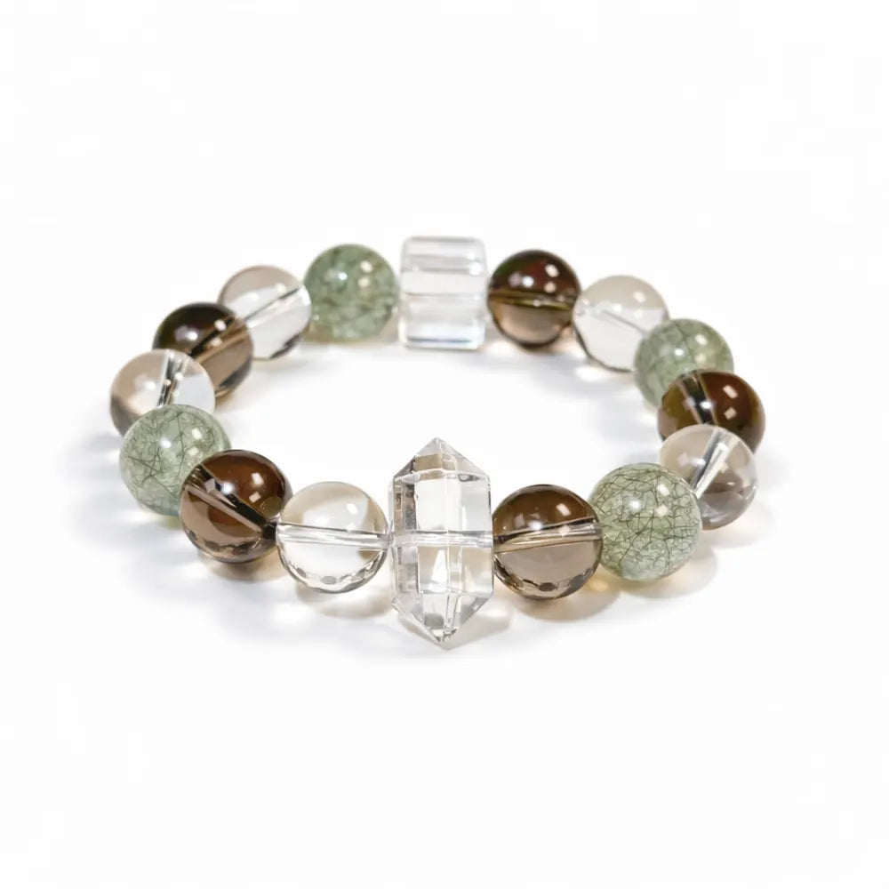 Natural Clear Quartz & Smoky Quartz Bracelet – Taoist Energy Jewelry for Wealth & Protection Gift Set