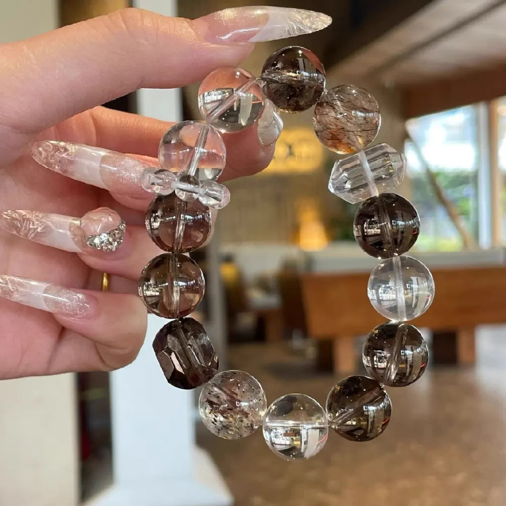 Natural Clear Quartz & Smoky Quartz Bracelet – Taoist Energy Jewelry for Wealth & Protection Gift Set