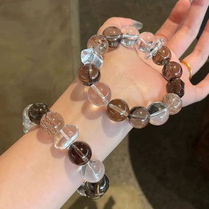 Natural Clear Quartz & Smoky Quartz Bracelet – Taoist Energy Jewelry for Wealth & Protection Gift Set