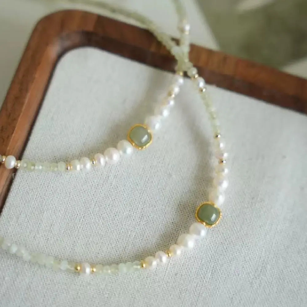 Natural Jade Pearl Necklace – Chinese Style Minimalist Clavicle Chain Taoist Energy Gift Set for Women