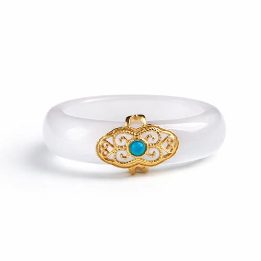 Natural White Chalcedony Ring with Turquoise Ruyi Charm – Taoist Protection Minimal Luxury Gift Set
