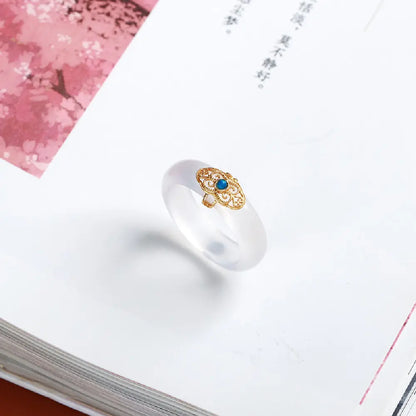Natural White Chalcedony Ring with Turquoise Ruyi Charm – Taoist Protection Minimal Luxury Gift Set