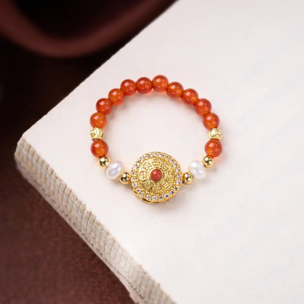Red Agate Compass Lucky Ring – Taoist Feng Shui Design Couple Protection Gift Set