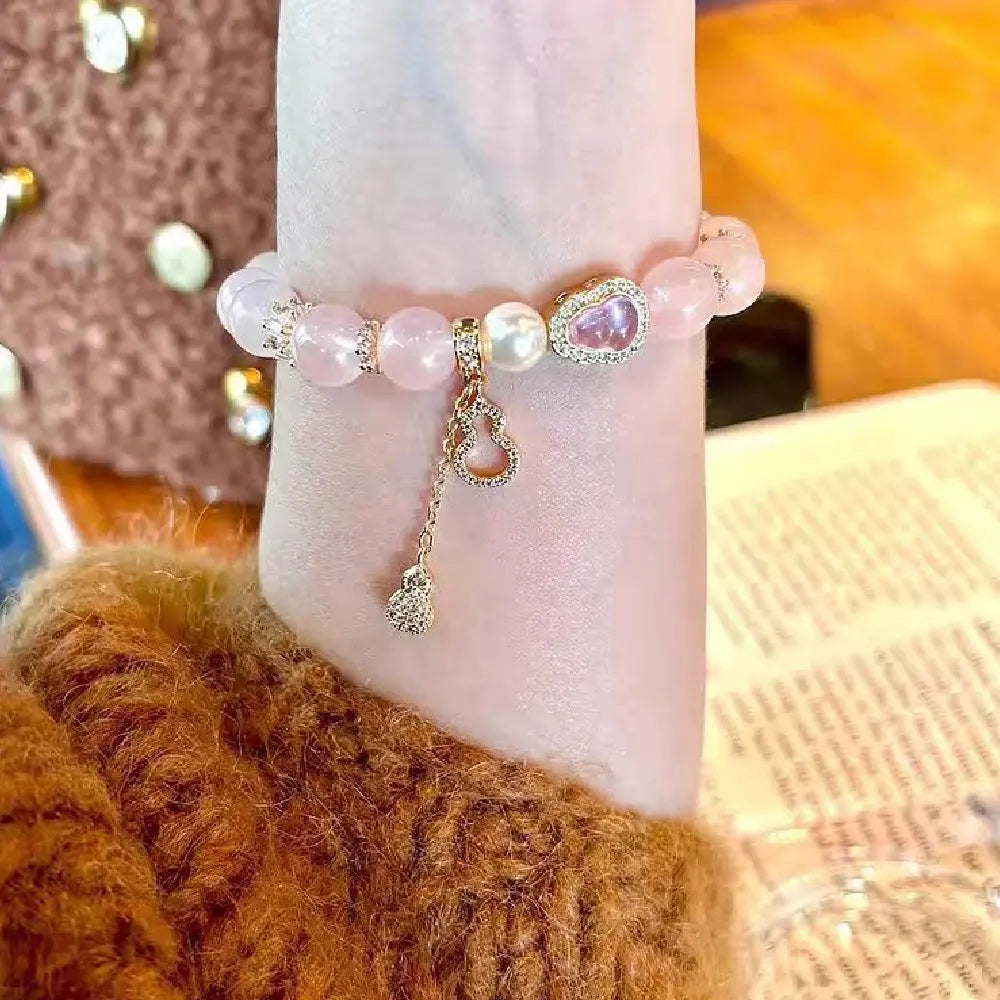 Love Energy Bracelet – Natural Rose Quartz Crystal Bracelet for Women with Elegant Charm Gift Set