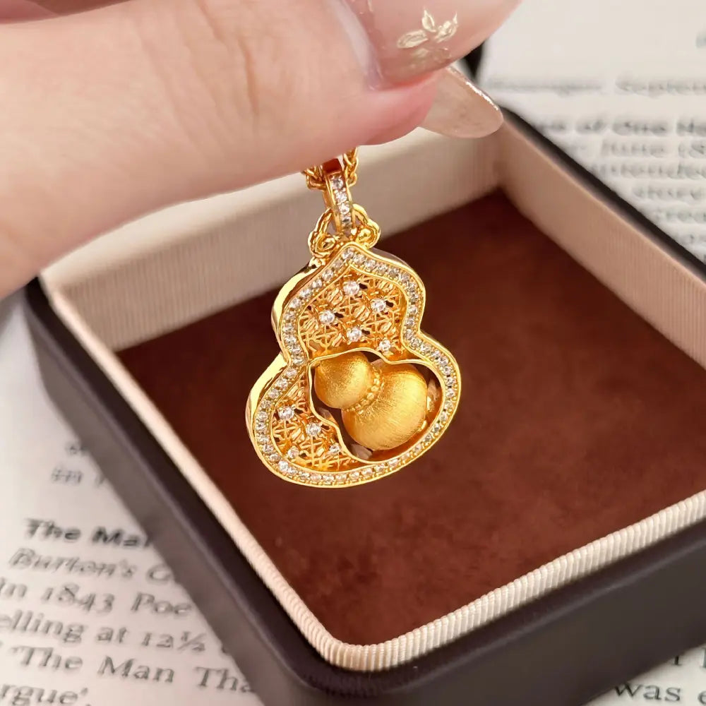 Chinese Style Fu Lu Gourd Necklace – Taoist Protection Pendant Luxury Gold Zircon Gift Set