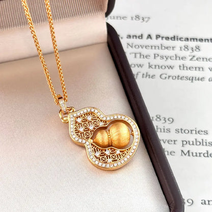 Chinese Style Fu Lu Gourd Necklace – Taoist Protection Pendant Luxury Gold Zircon Gift Set
