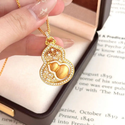 Chinese Style Fu Lu Gourd Necklace – Taoist Protection Pendant Luxury Gold Zircon Gift Set