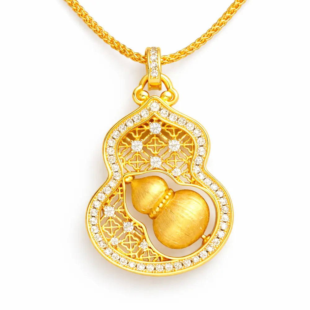 Chinese Style Fu Lu Gourd Necklace – Taoist Protection Pendant Luxury Gold Zircon Gift Set