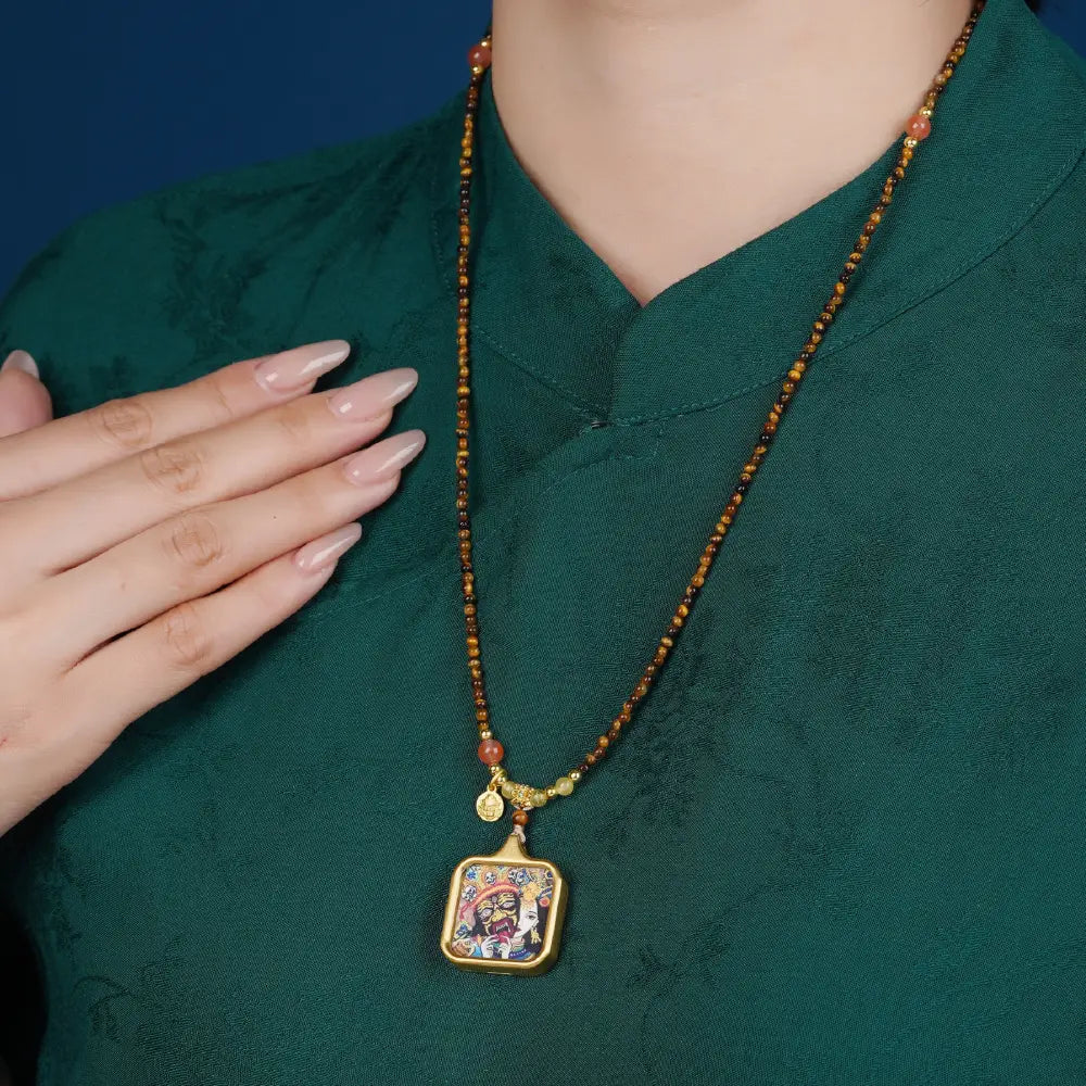 Tiger Eye Zaki Ram Tangka Necklace – Taoist Protection, Luck & Energy Amulet Jewelry Gift Set