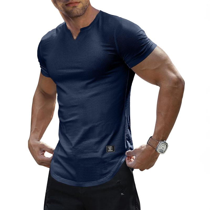 Men's Plain Muscle Slim Fitted T Shirt Polyester V-Neck Longline Shirt Gym Workout Athletic Tee Shirts Menswear Casual Tops,Short Sleeve T-Shirt for Daily Outdoor Wear,Men's Streetwear Outfits
