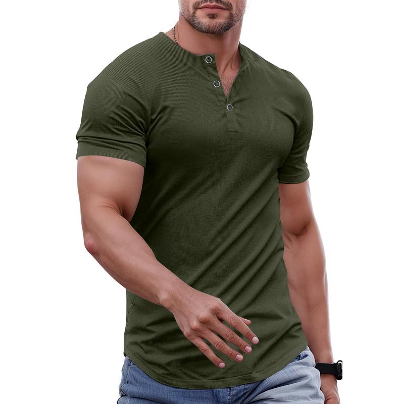 Men's Plain Muscle Slim Fitted Henley Shirts Crewneck Longline T-Shirt Gym Workout Athletic Shirt Tees with Button Menswear Casual Tops,Men's Classic Streetwear Clothing for Daily Wear,Fall Fashion Outfits 2025