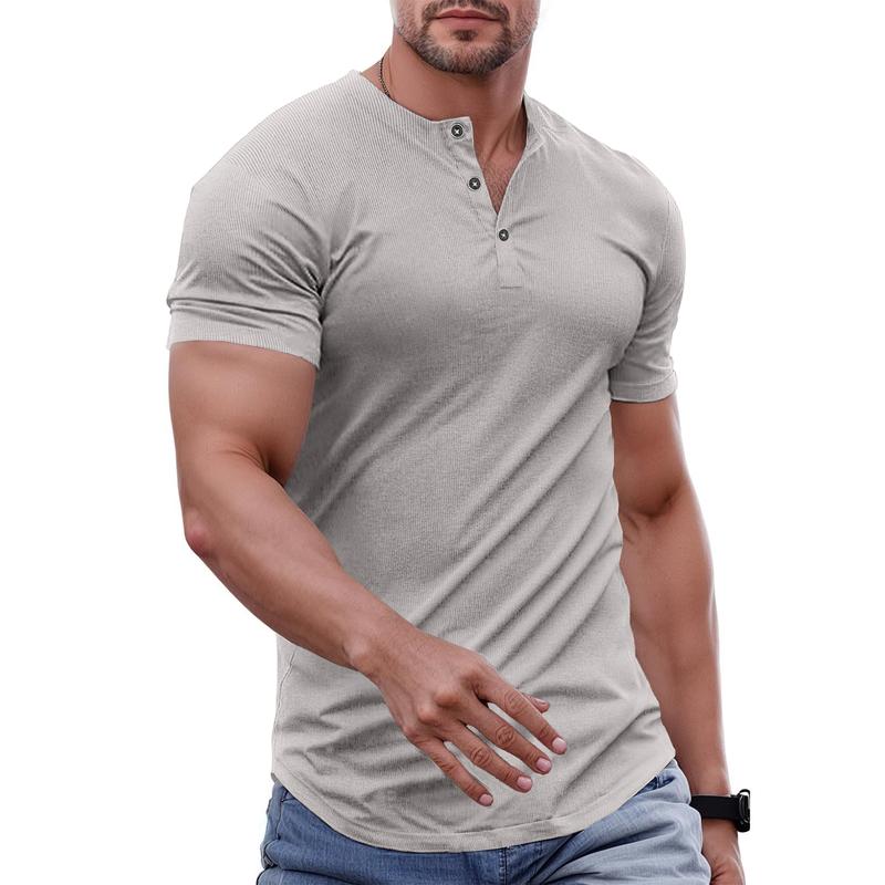 Men's Plain Muscle Slim Fitted Henley Shirts Crewneck Longline T-Shirt Gym Workout Athletic Shirt Tees with Button Menswear Casual Tops,Men's Classic Streetwear Clothing for Daily Wear,Fall Fashion Outfits 2025