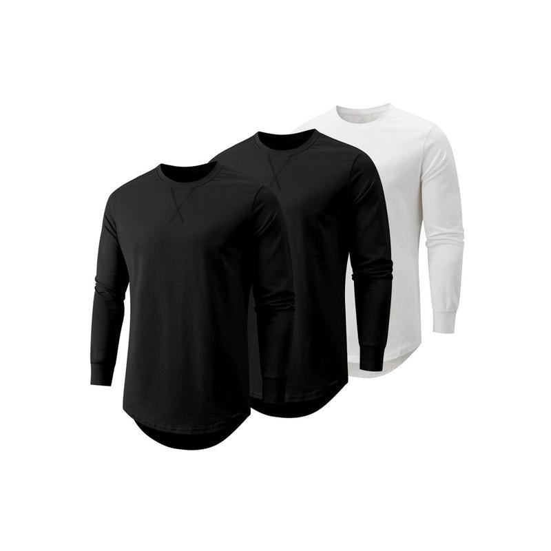 Mens 3 Pack Cotton Hipster Hip Hop Longline Crewneck Sport T-Shirt, Menswear Casual Top for Outdoor Daily Wear