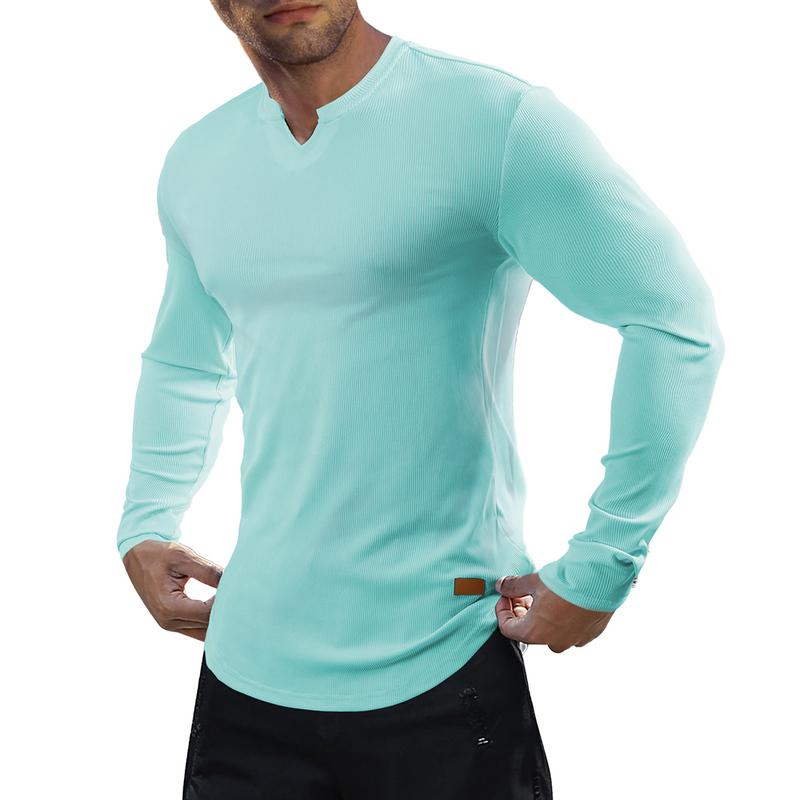 Men's Plain Casual Muscle Shirts for Men Slim Fitted T Shirt V-Neck Longline Ribbed Tees Shirts Long Sleeve Gym Workout Athletic Menswear Tops,Men's clothing for Daily Wear,Fashion Outfits 2025