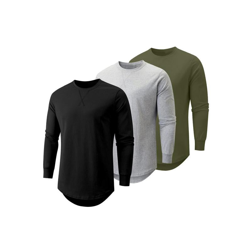 Mens 3 Pack Cotton Hipster Hip Hop Longline Crewneck Sport T-Shirt, Menswear Casual Top for Outdoor Daily Wear