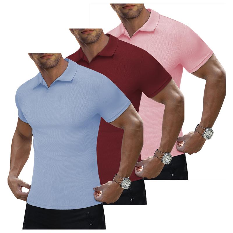 Men's Muscle V Neck Polo Shirts Casual Short Sleeve Slim Fit Ribbed Golf T Shirt Athletic Tee 