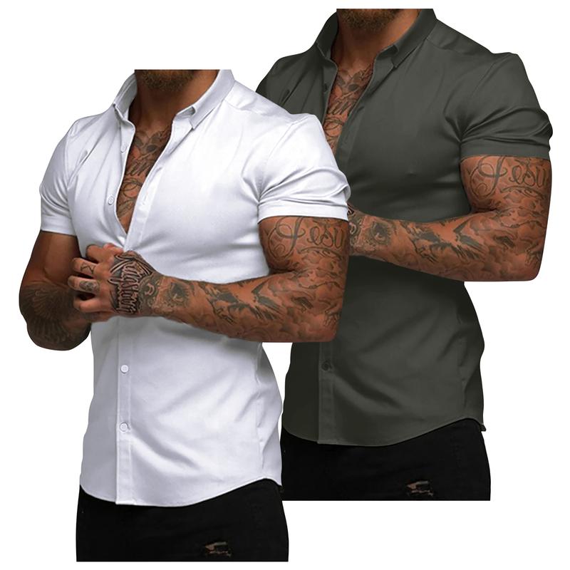 Mens Muscle Fit Dress Shirts Casual Button Down Shirt Short Sleeve Wrinkle-Free Shirts 