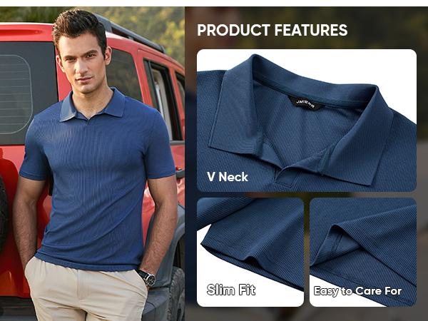 Men's Muscle V Neck Polo Shirts Casual Short Sleeve Slim Fit Ribbed Golf T Shirt Athletic Tee 