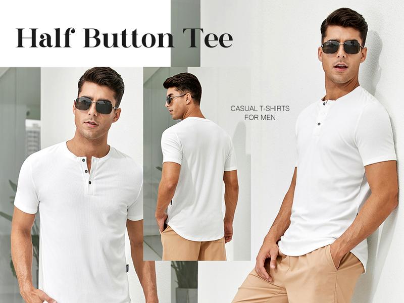 Men's Plain Muscle Slim Fitted Henley Shirts Crewneck Longline T-Shirt Gym Workout Athletic Shirt Tees with Button Menswear Casual Tops,Men's Classic Streetwear Clothing for Daily Wear,Fall Fashion Outfits 2025