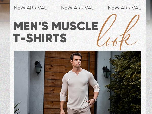 Men's Plain Casual Muscle Shirts for Men Slim Fitted T Shirt V-Neck Longline Ribbed Tees Shirts Long Sleeve Gym Workout Athletic Menswear Tops,Men's clothing for Daily Wear,Fashion Outfits 2025