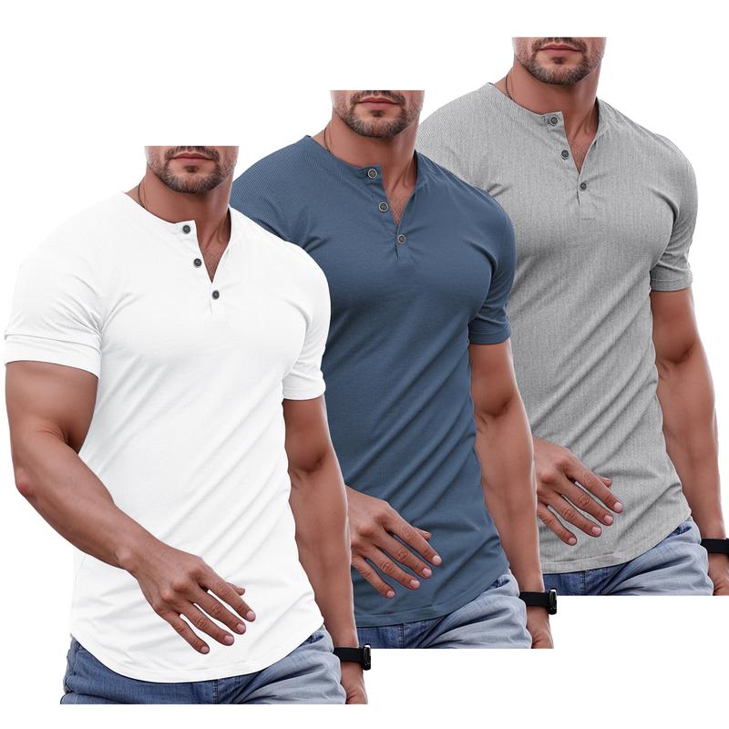 Men's Plain Muscle Slim Fitted Henley Shirts Crewneck Longline T-Shirt Gym Workout Athletic Shirt Tees with Button Menswear Casual Tops,Men's Classic Streetwear Clothing for Daily Wear,Fall Fashion Outfits 2025