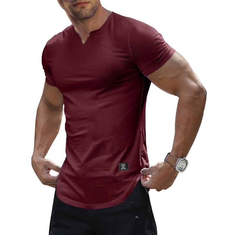 Men's Plain Muscle Slim Fitted T Shirt Polyester V-Neck Longline Shirt Gym Workout Athletic Tee Shirts Menswear Casual Tops,Short Sleeve T-Shirt for Daily Outdoor Wear,Men's Streetwear Outfits