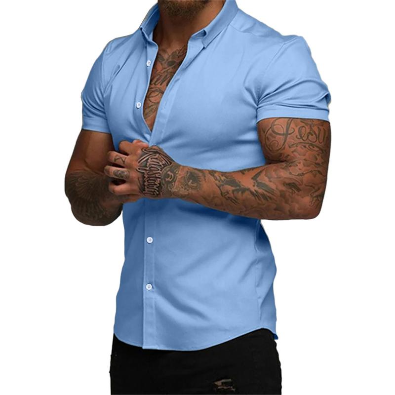 Mens Muscle Fit Dress Shirts Casual Button Down Shirt Short Sleeve Wrinkle-Free Shirts 