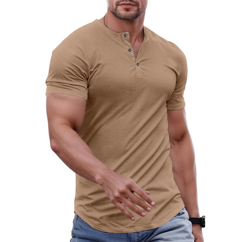 Men's Plain Muscle Slim Fitted Henley Shirts Crewneck Longline T-Shirt Gym Workout Athletic Shirt Tees with Button Menswear Casual Tops,Men's Classic Streetwear Clothing for Daily Wear,Fall Fashion Outfits 2025