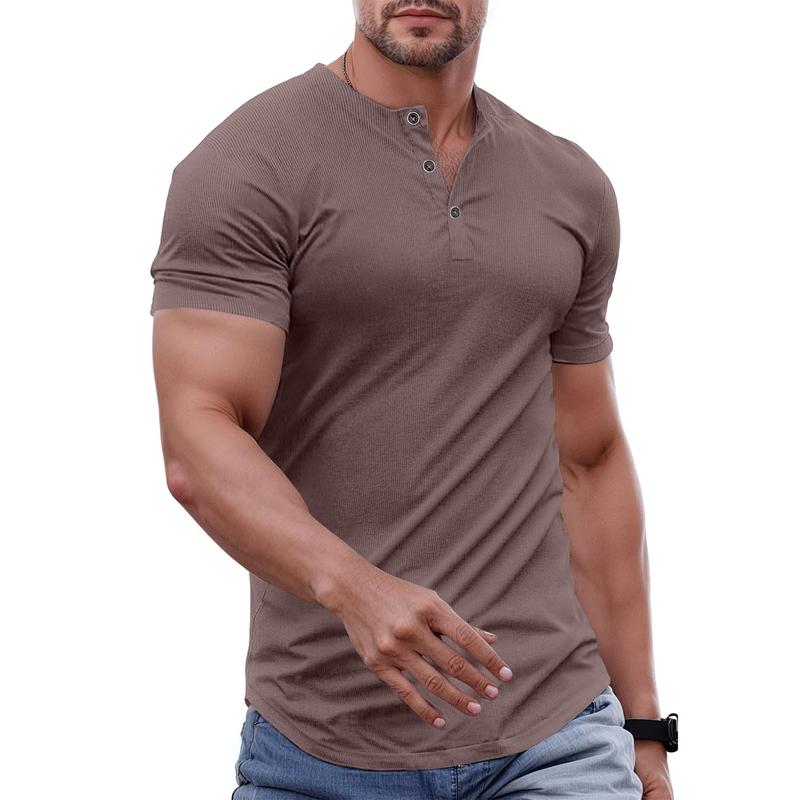 Men's Plain Muscle Slim Fitted Henley Shirts Crewneck Longline T-Shirt Gym Workout Athletic Shirt Tees with Button Menswear Casual Tops,Men's Classic Streetwear Clothing for Daily Wear,Fall Fashion Outfits 2025