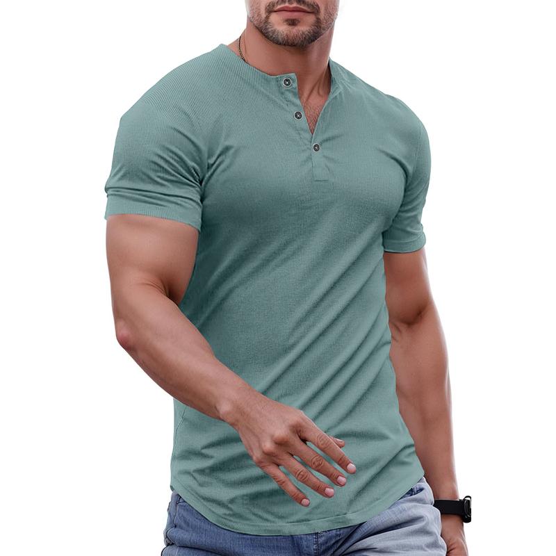 Men's Plain Muscle Slim Fitted Henley Shirts Crewneck Longline T-Shirt Gym Workout Athletic Shirt Tees with Button Menswear Casual Tops,Men's Classic Streetwear Clothing for Daily Wear,Fall Fashion Outfits 2025