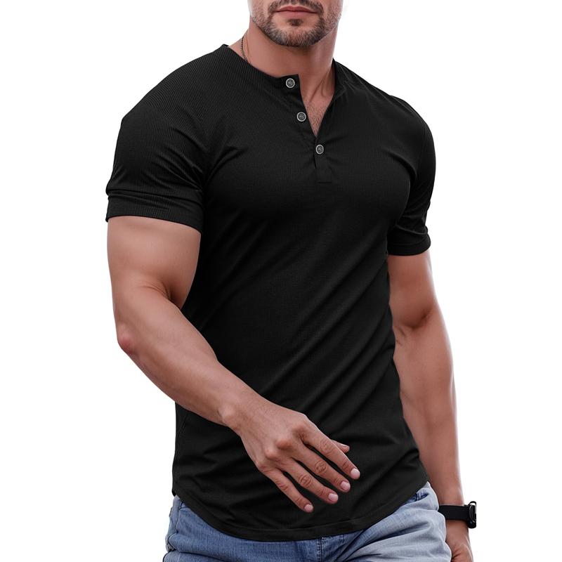 Men's Plain Muscle Slim Fitted Henley Shirts Crewneck Longline T-Shirt Gym Workout Athletic Shirt Tees with Button Menswear Casual Tops,Men's Classic Streetwear Clothing for Daily Wear,Fall Fashion Outfits 2025