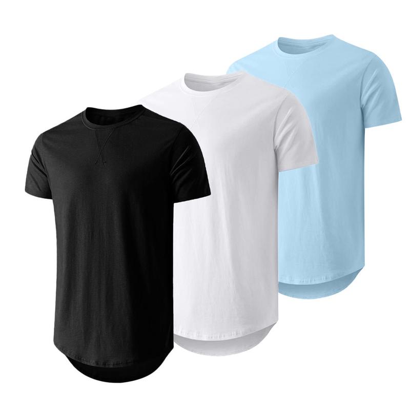 Mens 3 Pack Cotton Hipster Hip Hop Longline Crewneck T-Shirt,Menswear Casual Tshirt Tops,TikTokShopfalldealsforyou