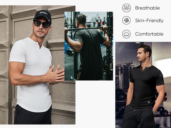 Men's Plain Muscle Slim Fitted T Shirt Polyester V-Neck Longline Shirt Gym Workout Athletic Tee Shirts Menswear Casual Tops,Short Sleeve T-Shirt for Daily Outdoor Wear,Men's Streetwear Outfits