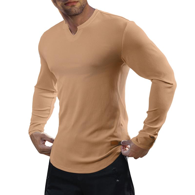 Men's Plain Casual Muscle Shirts for Men Slim Fitted T Shirt V-Neck Longline Ribbed Tees Shirts Long Sleeve Gym Workout Athletic Menswear Tops,Men's clothing for Daily Wear,Fashion Outfits 2025