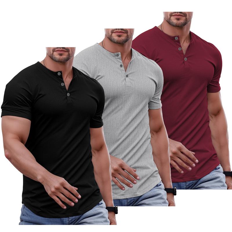 Men's Plain Muscle Slim Fitted Henley Shirts Crewneck Longline T-Shirt Gym Workout Athletic Shirt Tees with Button Menswear Casual Tops,Men's Classic Streetwear Clothing for Daily Wear,Fall Fashion Outfits 2025